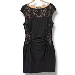 Lauren Ralph Lauren Black Sequin Lace Ruched Sheath Dress Size 10